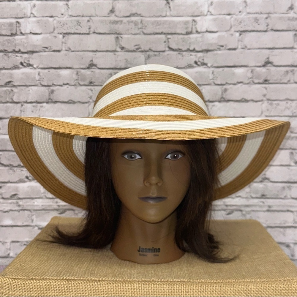 Time and Tru Striped Women's Sun Hat One Size Tan White Beach Floppy Hat NEW